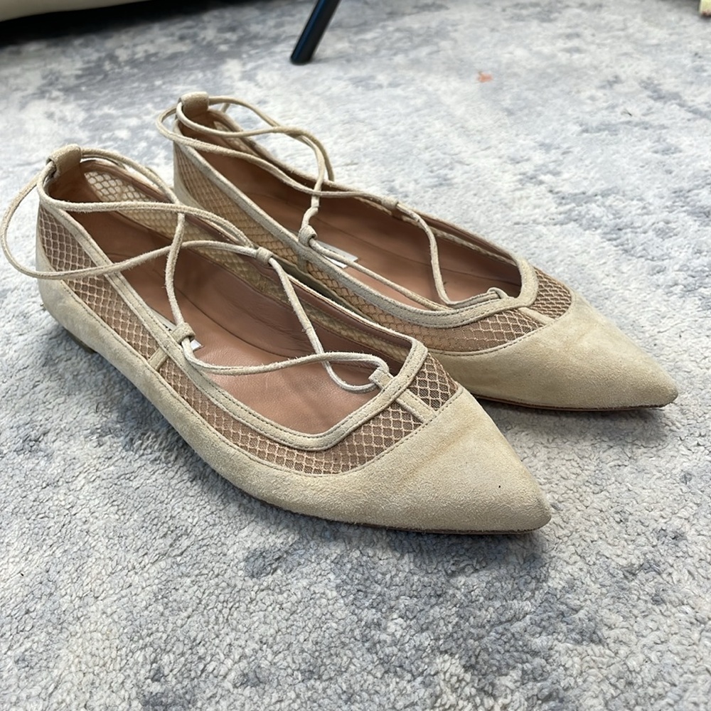 Aquazzura Dalia Pointed Toe Wrap Around Ballet Flats Cream Suede Mesh Sz 37 - Picture 4 of 14